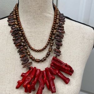 Brown Mixed Type Pearl and Red Coral Necklace